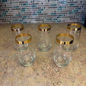 5 Mid Century Gold Gilded Double Banded Tumbler glasses